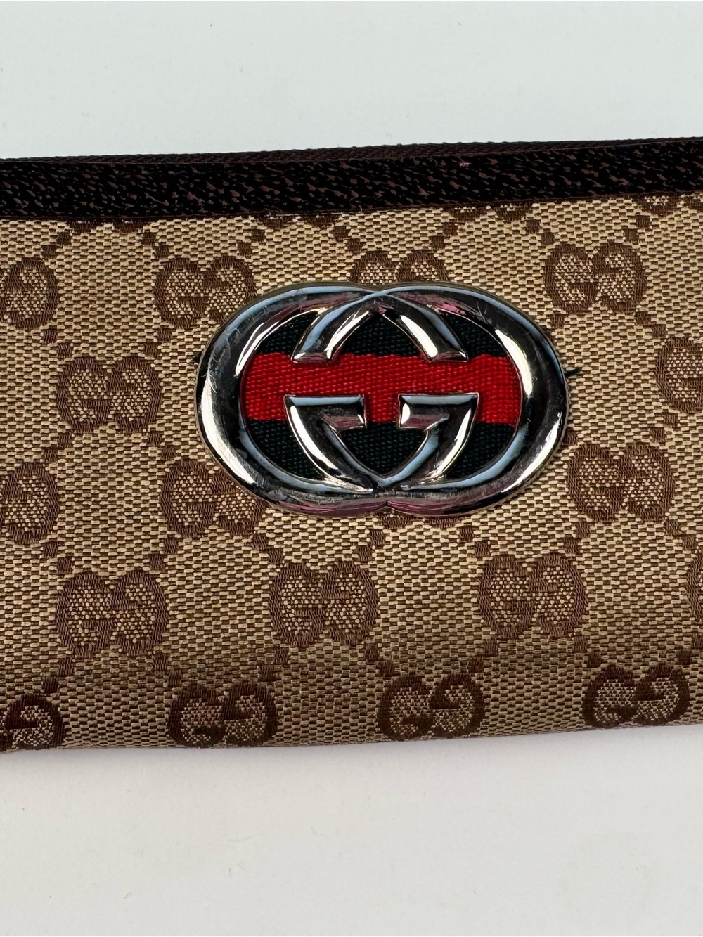 Inspired Beige/Brown Canvas Wallet with Red and Green Web and Silver Hardware